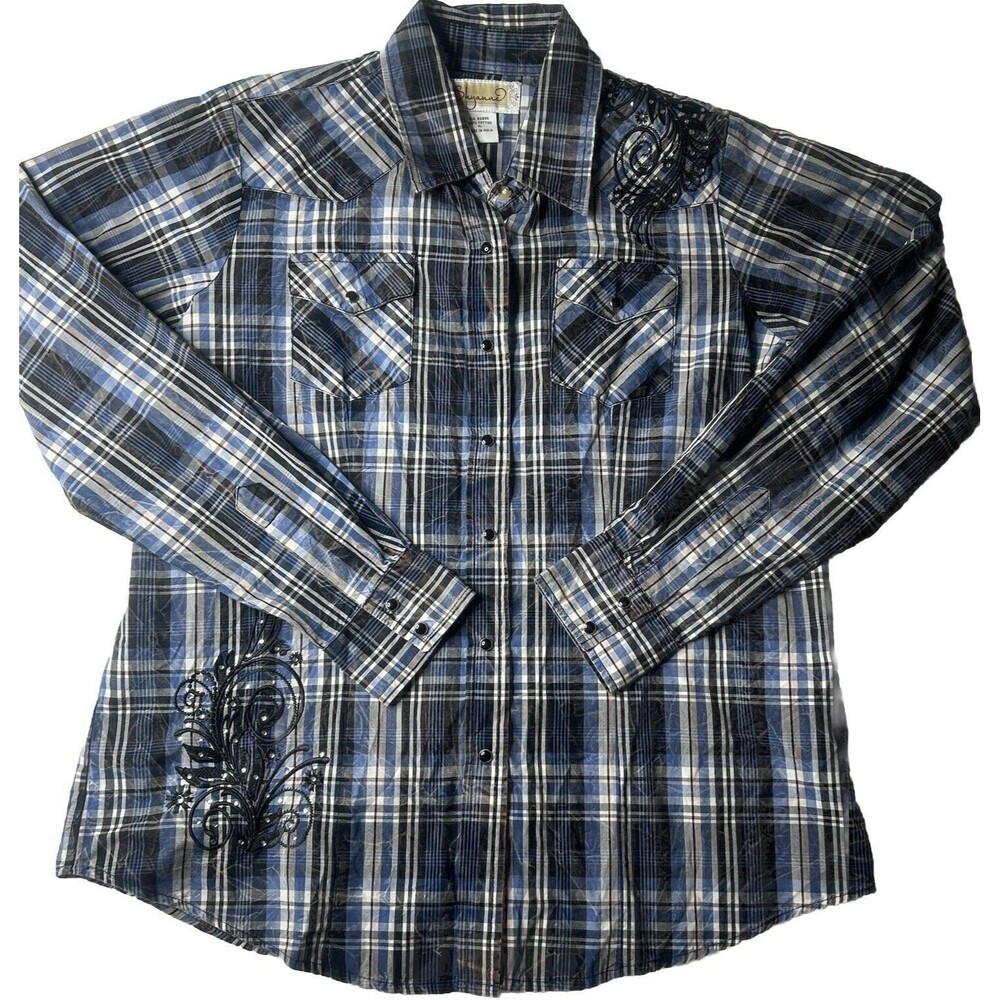 Shyanne Women’s XL Pearl Snap Western Cowgirl Embroidered Blue Tartan PlaidRodeo